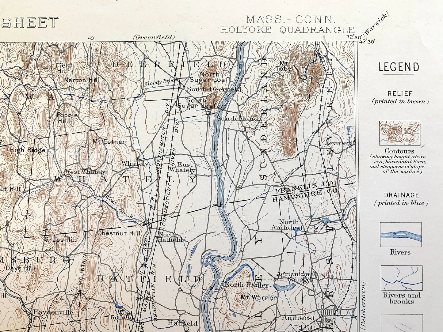 Antique Holyoke, Massachusetts 1897 US Geological Survey Topographic Map – Springfield, Northampton, Deerfield, Amherst, Ashfield, MA