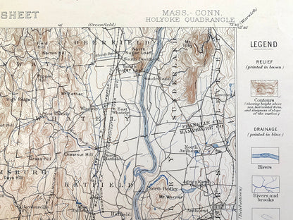 Antique Holyoke, Massachusetts 1897 US Geological Survey Topographic Map – Springfield, Northampton, Deerfield, Amherst, Ashfield, MA