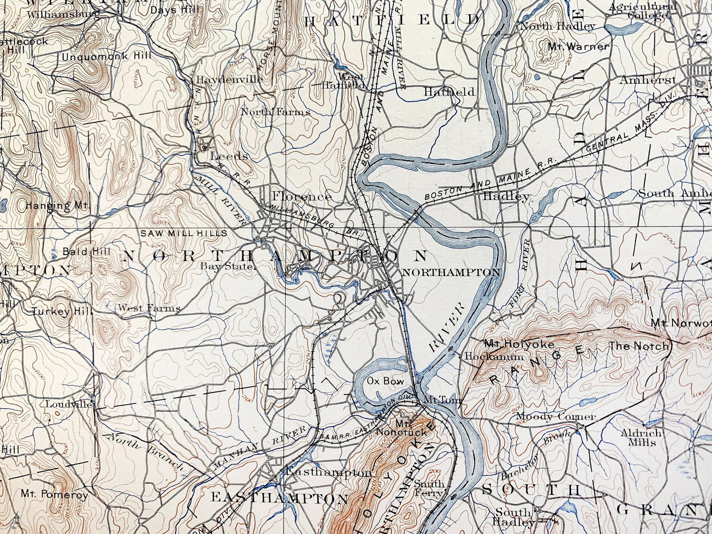 Antique Holyoke, Massachusetts 1897 US Geological Survey Topographic Map – Springfield, Northampton, Deerfield, Amherst, Ashfield, MA