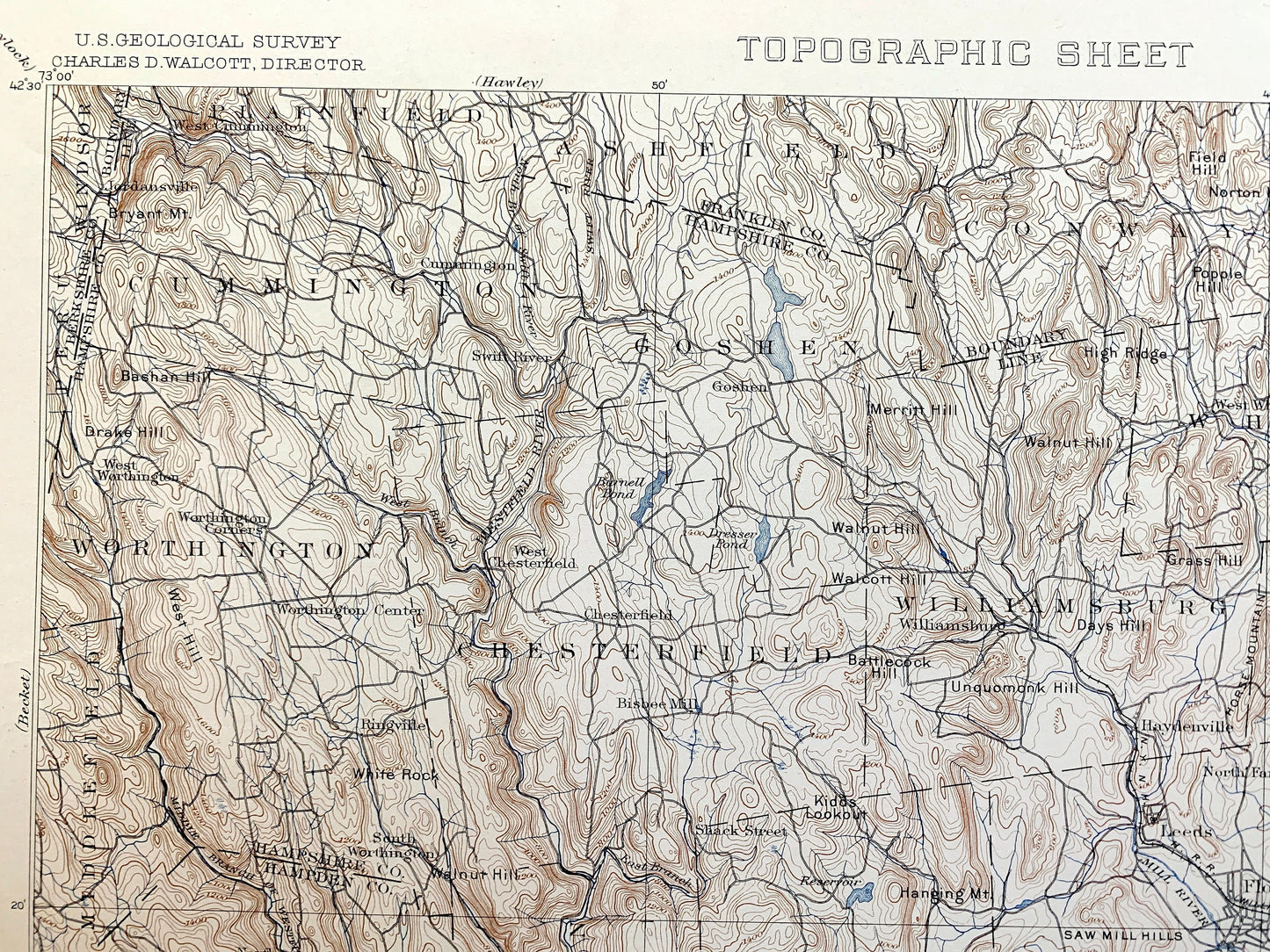 Antique Holyoke, Massachusetts 1897 US Geological Survey Topographic Map – Springfield, Northampton, Deerfield, Amherst, Ashfield, MA