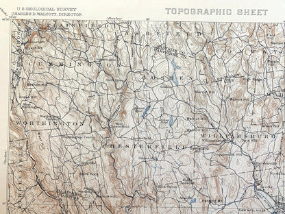 Antique Holyoke, Massachusetts 1897 US Geological Survey Topographic Map – Springfield, Northampton, Deerfield, Amherst, Ashfield, MA