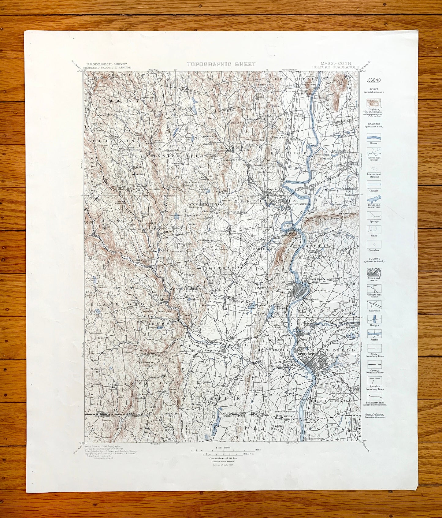 Antique Holyoke, Massachusetts 1897 US Geological Survey Topographic Map – Springfield, Northampton, Deerfield, Amherst, Ashfield, MA
