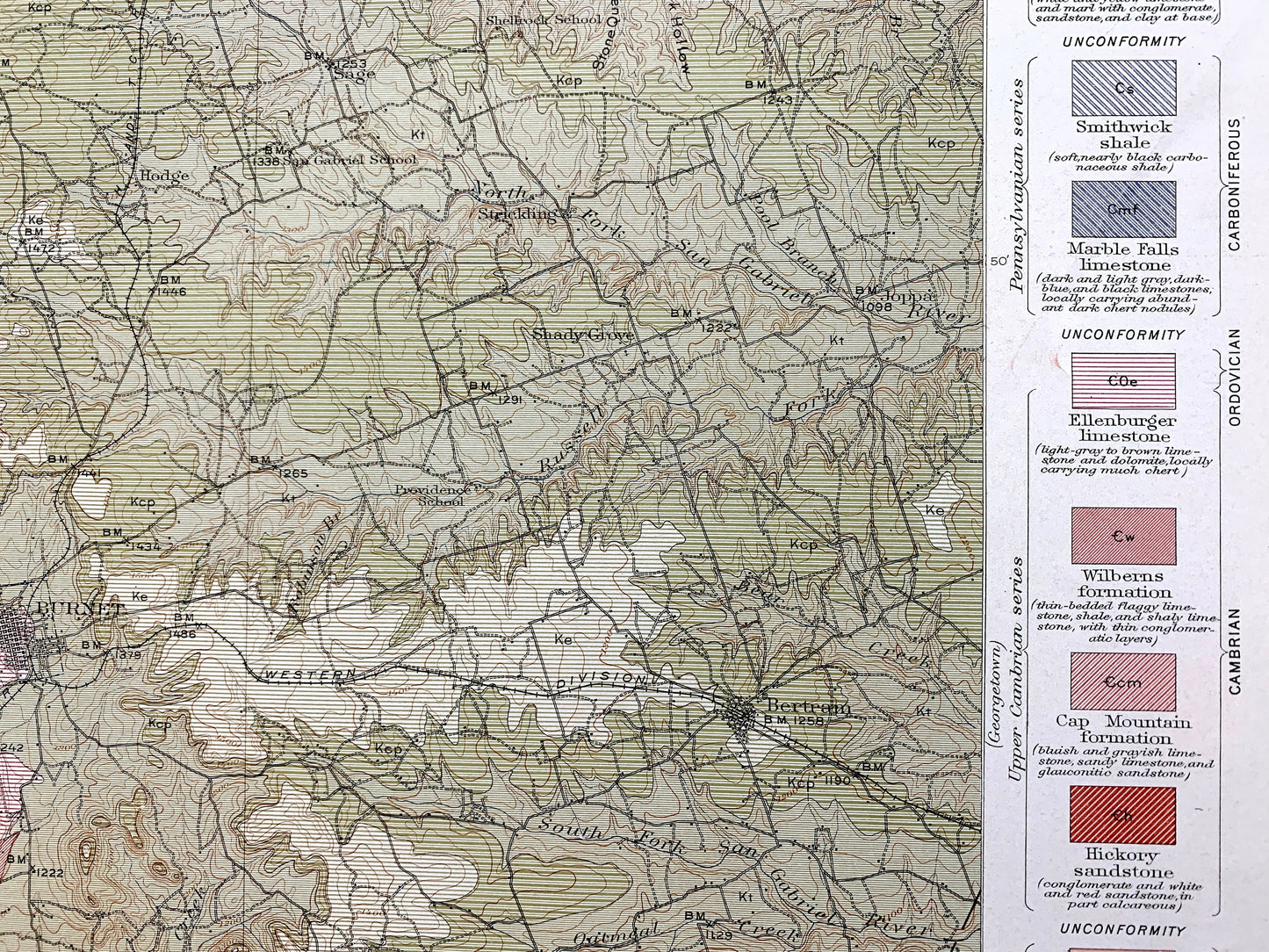 Antique Burnet, Texas 1911 US Geological Survey Topographic Map –  San Saba, Llano, Williamson, Travis County, Marble Falls, Kingsland, TX