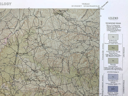 Antique Burnet, Texas 1911 US Geological Survey Topographic Map –  San Saba, Llano, Williamson, Travis County, Marble Falls, Kingsland, TX