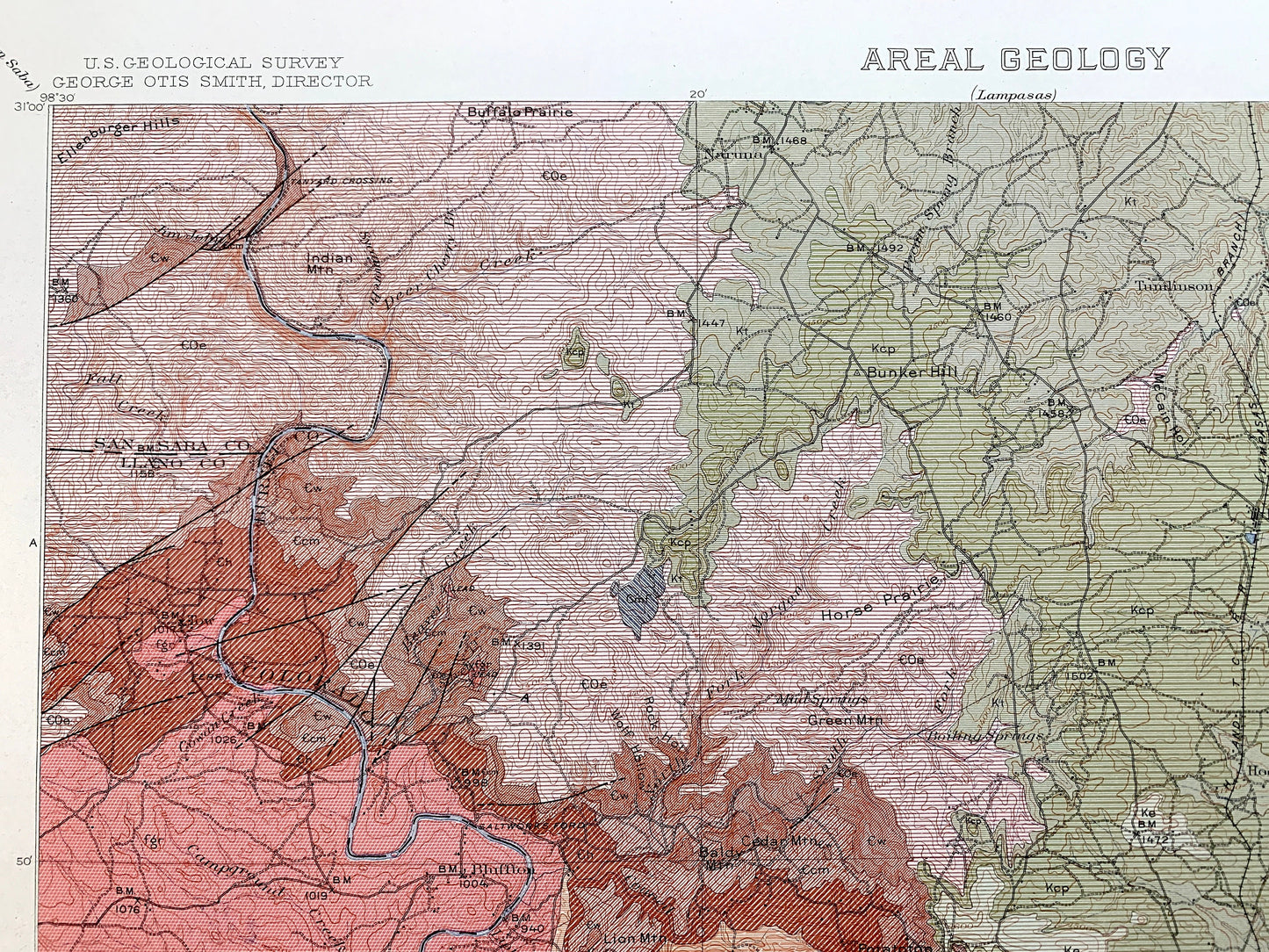 Antique Burnet, Texas 1911 US Geological Survey Topographic Map –  San Saba, Llano, Williamson, Travis County, Marble Falls, Kingsland, TX