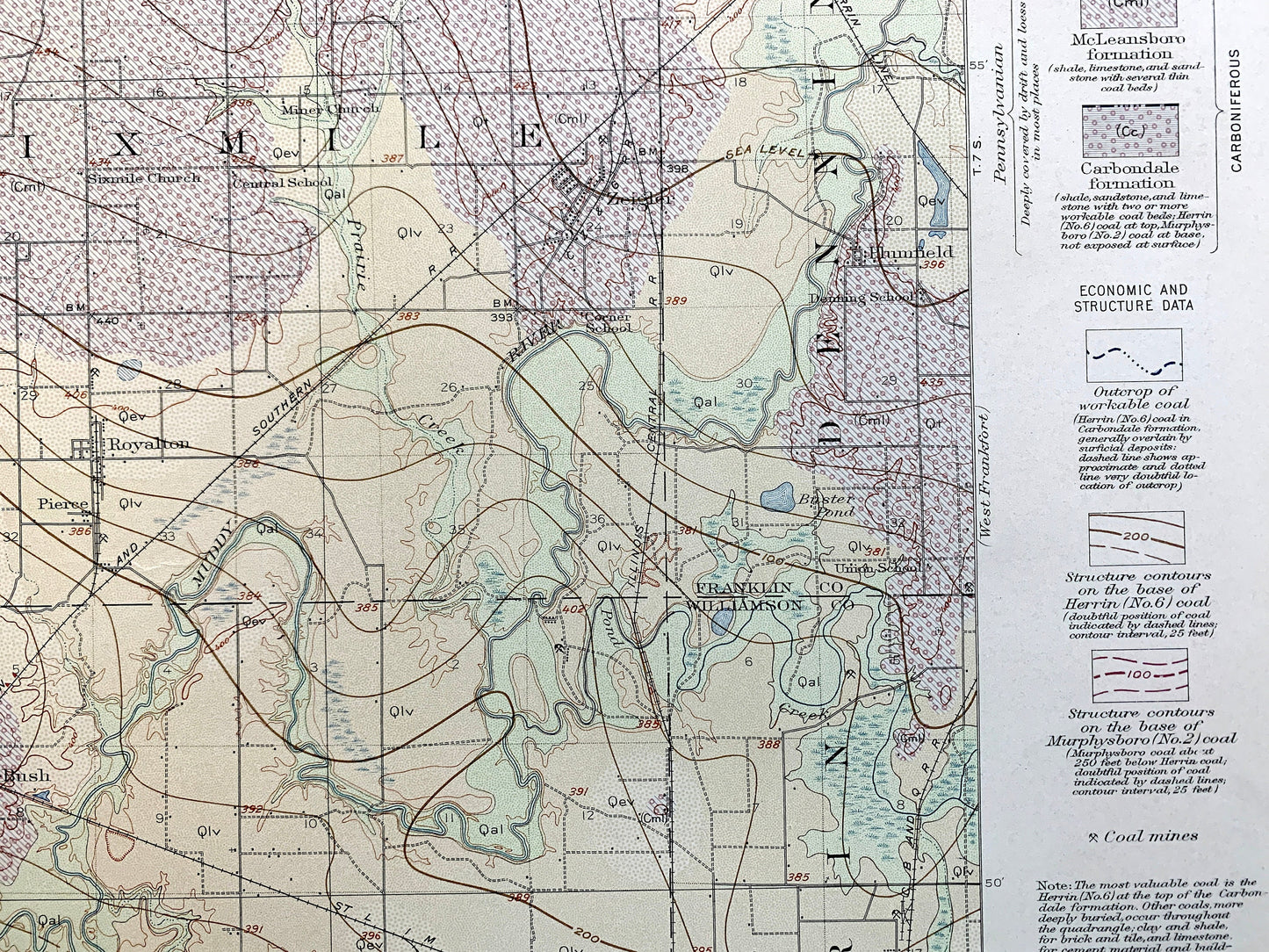 Antique Herrin, Illinois 1912 US Geological Survey Topographic Map – Carbondale, De Soto, Franklin, Williamson, Jackson, Perry County, IL