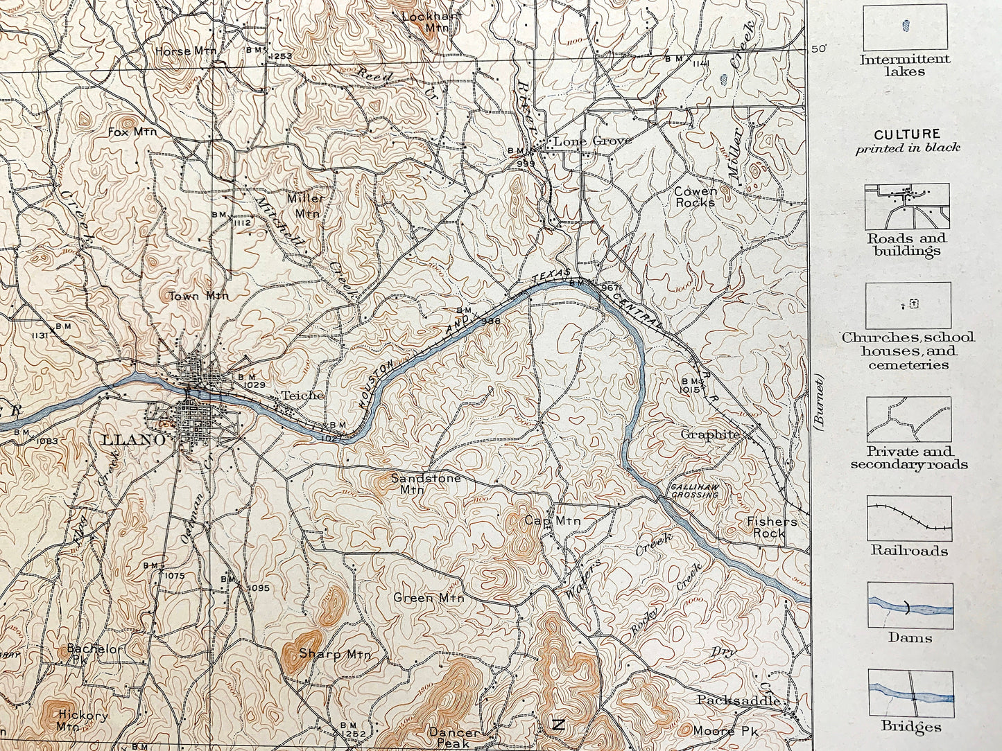 Antique Llano, Texas 1911 US Geological Survey Topographic Map –  San Saba, Mason County, Cherokee, Pontotoc, Taylorsville, Lone Grove TX