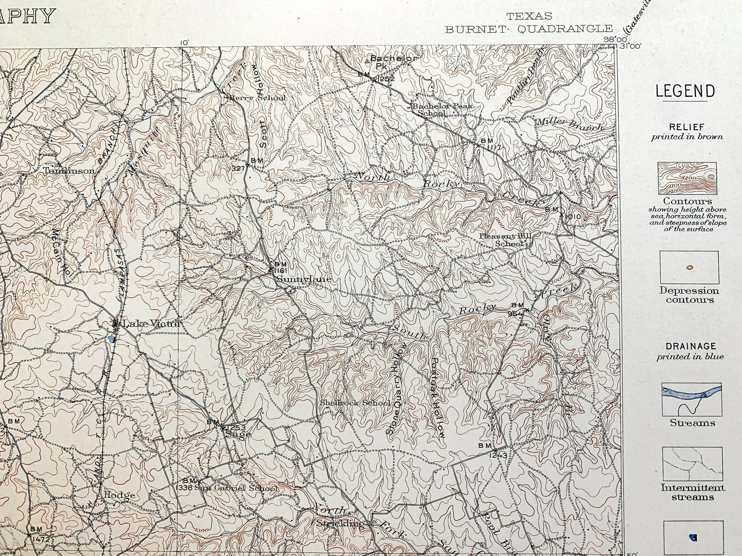 Antique Burnet, Texas 1909 US Geological Survey Topographic Map –  San Saba, Llano, Williamson, Travis County, Marble Falls, Kingsland, TX