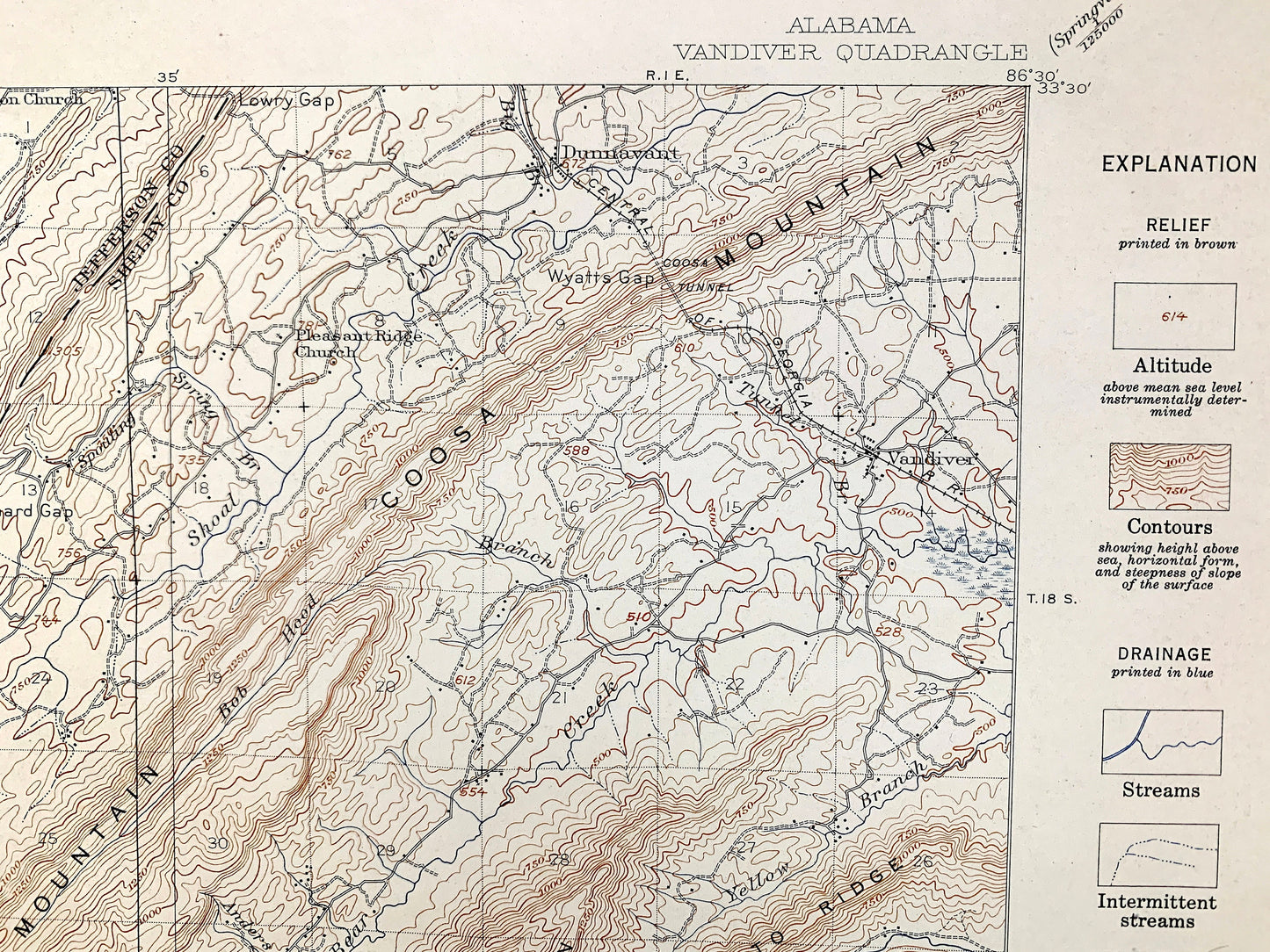 Antique Vandiver, Alabama 1908 US Geological Survey Topographic Map –  Gary, Merkel, East Saginaw, Nelson Mill, Jefferson, Shelby County, AL