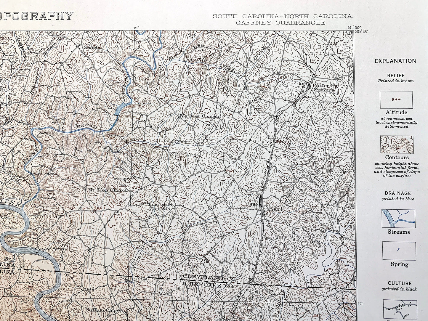 Antique Gaffney, South Carolina 1909 US Geological Survey Topographic Map – Blacksburg, Cherokee Falls, Cherokee, Cleveland County, NC SC