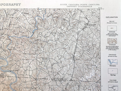 Antique Gaffney, South Carolina 1909 US Geological Survey Topographic Map – Blacksburg, Cherokee Falls, Cherokee, Cleveland County, NC SC