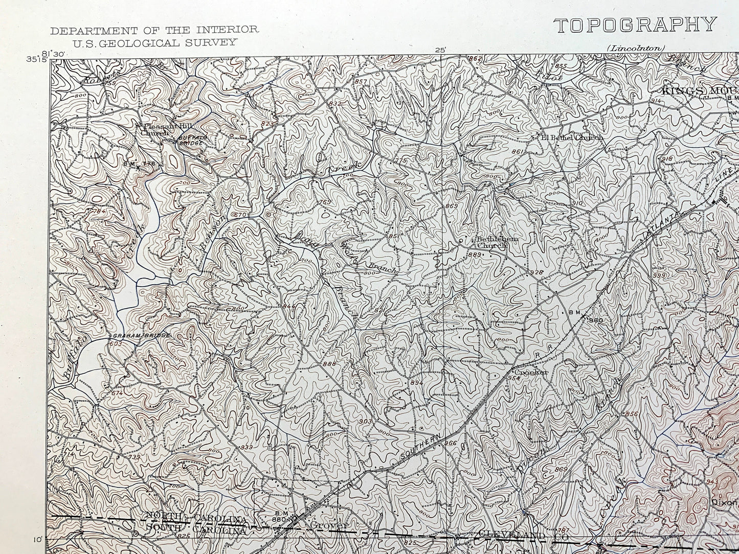 Antique Kings Mountain, North Carolina 1908 US Geological Survey Topographic Map – Kings Creek, Cherokee, Cleveland York County, NC, SC