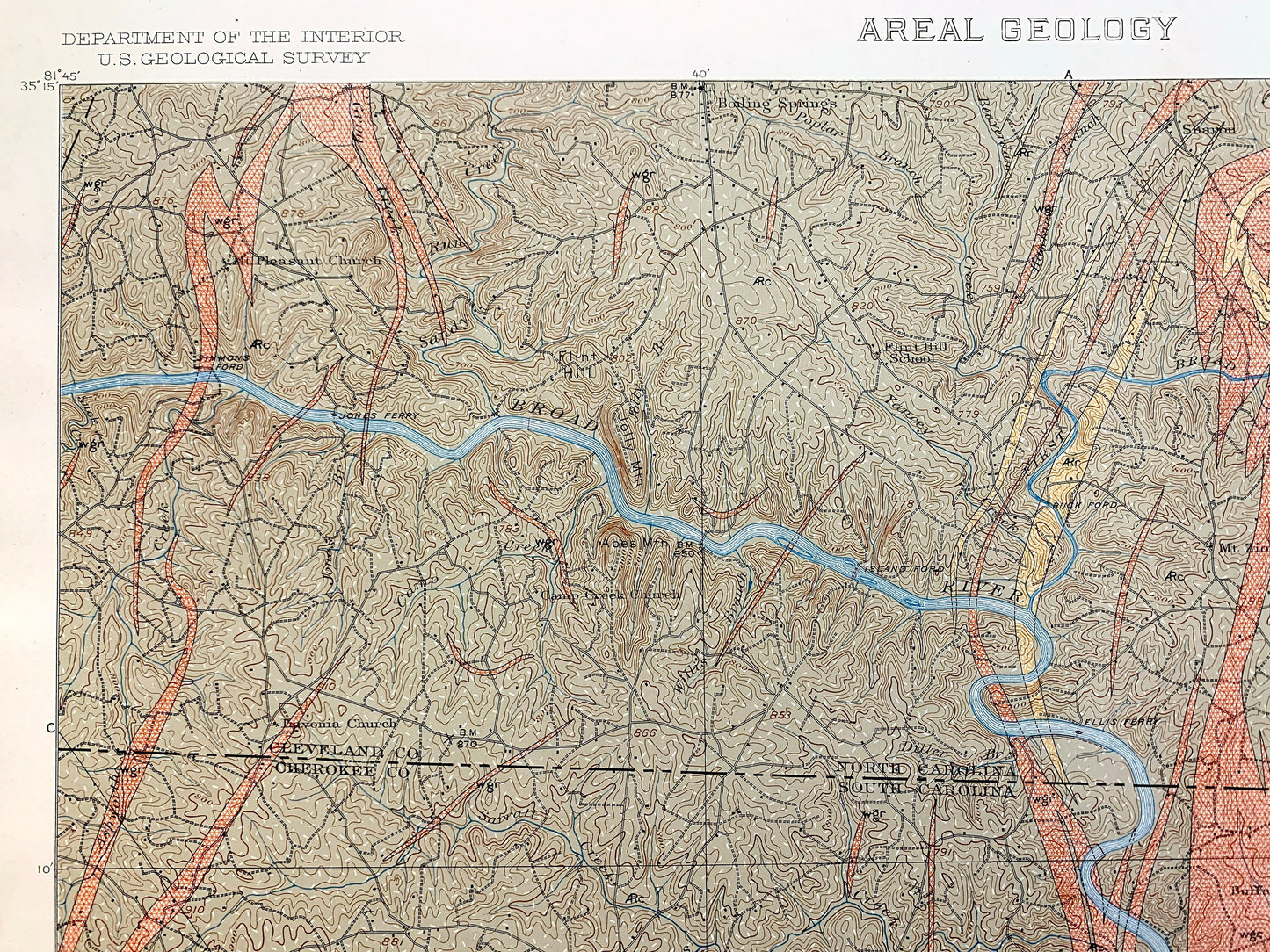Antique Gaffney, South Carolina 1931 US Geological Survey Topographic Map – Blacksburg, Cherokee Falls, Cherokee, Cleveland County, NC SC