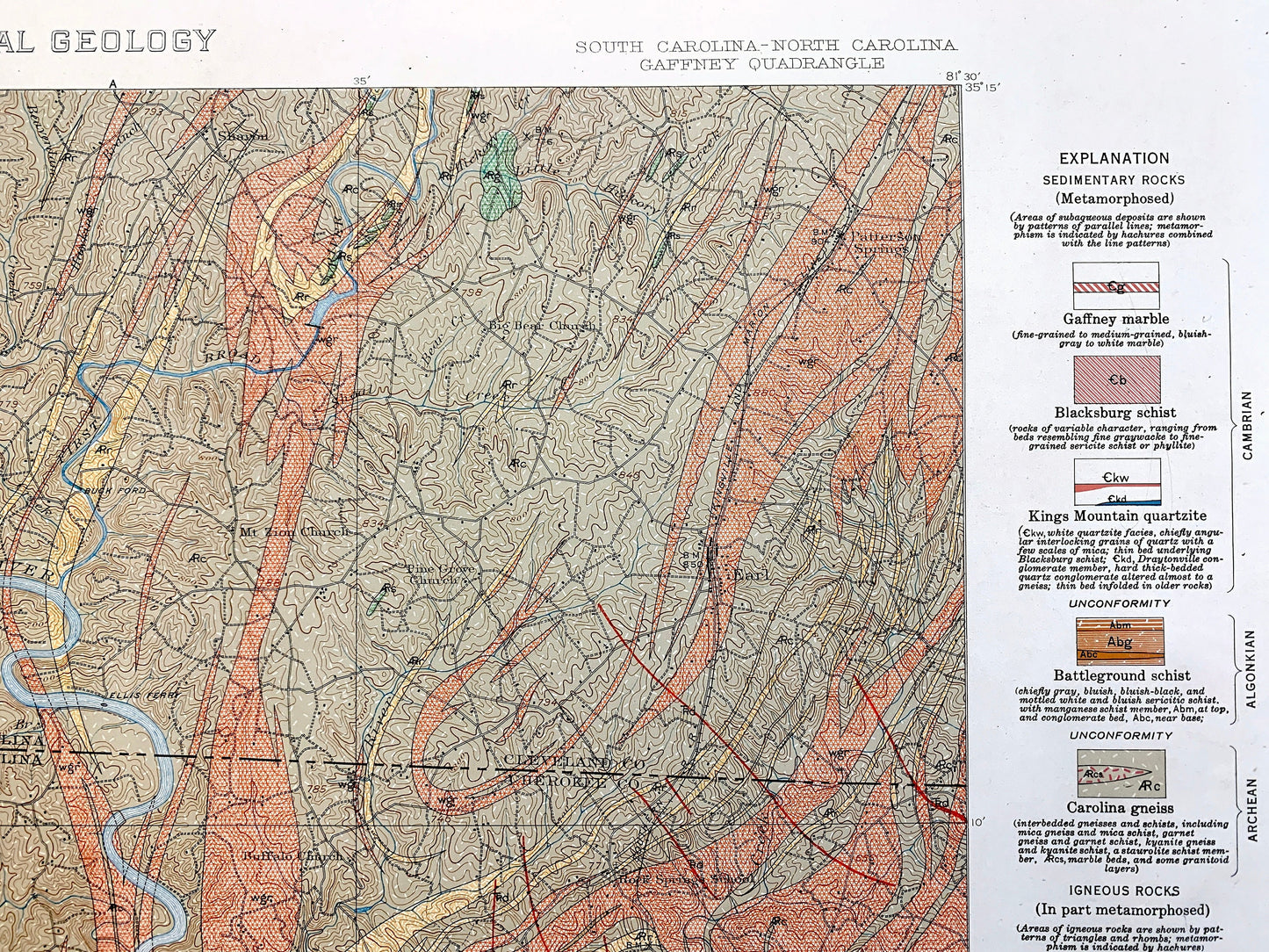 Antique Gaffney, South Carolina 1931 US Geological Survey Topographic Map – Blacksburg, Cherokee Falls, Cherokee, Cleveland County, NC SC