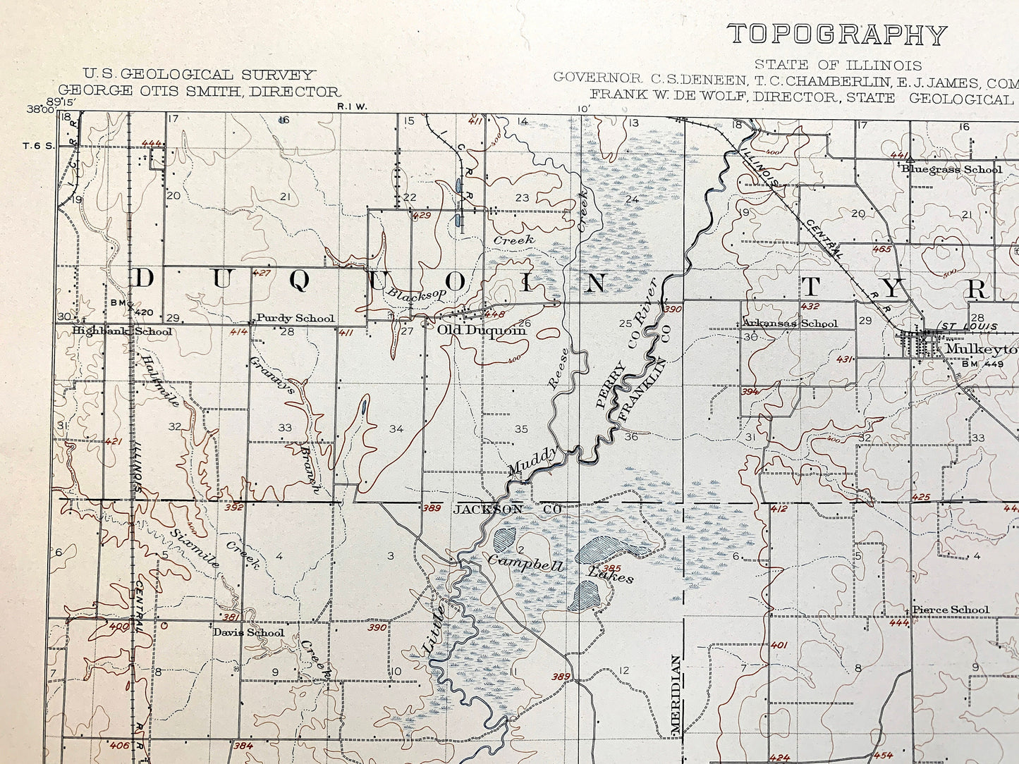 Antique Herrin, Illinois 1910 US Geological Survey Topographic Map – Carbondale, De Soto, Franklin, Williamson, Jackson, Perry County, IL