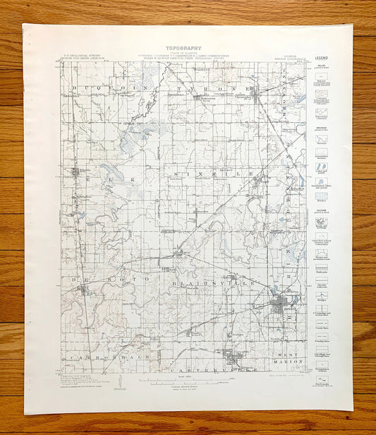 Antique Herrin, Illinois 1910 US Geological Survey Topographic Map – Carbondale, De Soto, Franklin, Williamson, Jackson, Perry County, IL