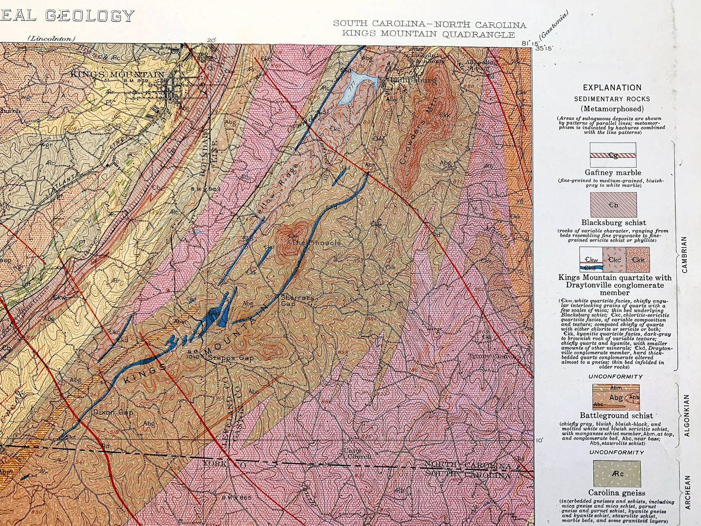 Antique Kings Mountain, North Carolina 1931 US Geological Survey Topographic Map – Kings Creek, Cherokee, Cleveland, York County, NC SC