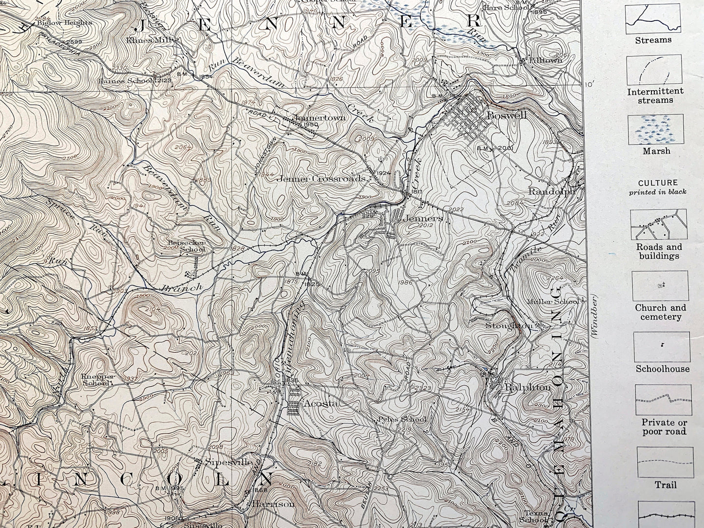 Antique Somerset, Pennsylvania 1915 US Geological Survey Topographic Map – Westmoreland County, Jennerstown, Edie, Ligonier, Rector, PA
