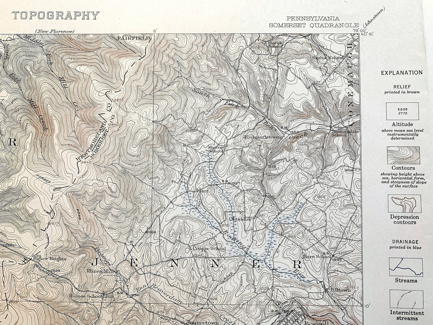 Antique Somerset, Pennsylvania 1915 US Geological Survey Topographic Map – Westmoreland County, Jennerstown, Edie, Ligonier, Rector, PA