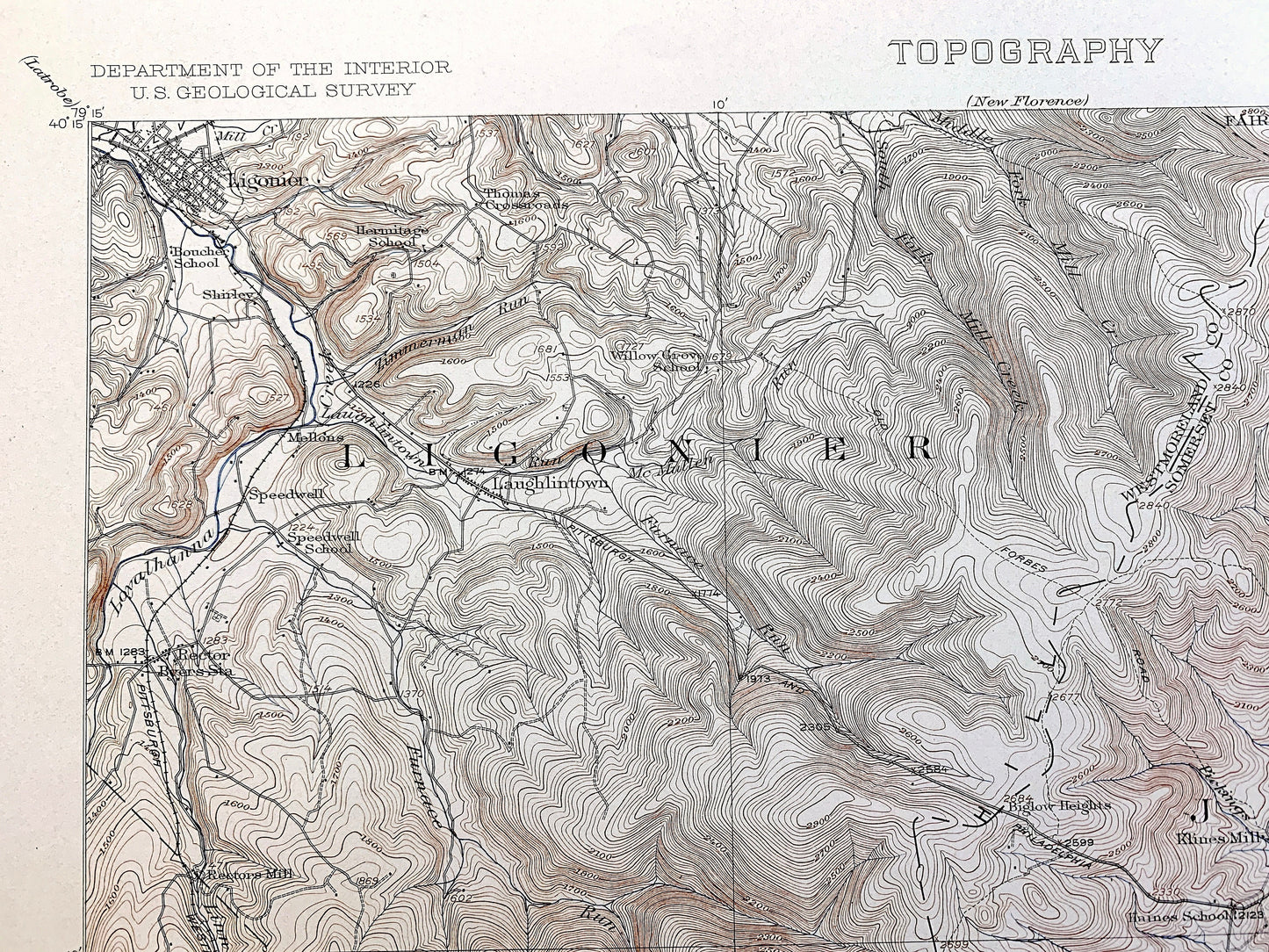 Antique Somerset, Pennsylvania 1915 US Geological Survey Topographic Map – Westmoreland County, Jennerstown, Edie, Ligonier, Rector, PA
