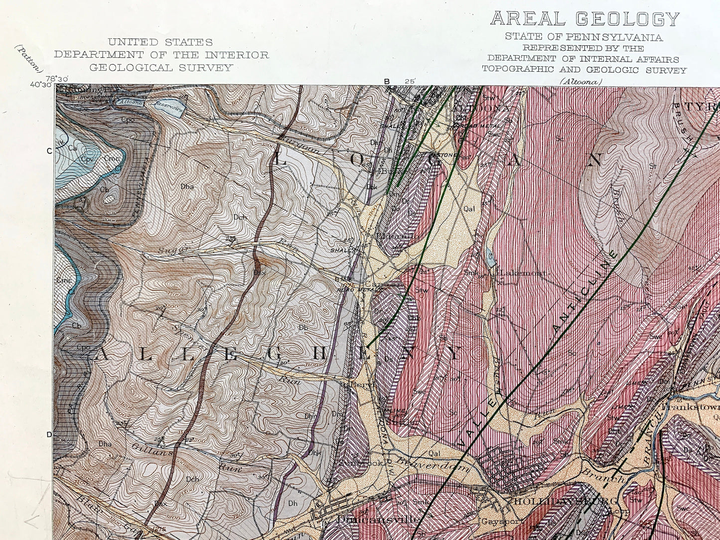 Antique Altoona & Hollidaysburg, Pennsylvania 1945 US Geological Survey Topographic Map – Allegheny Mountains Blair County, Logan, Tyrone PA