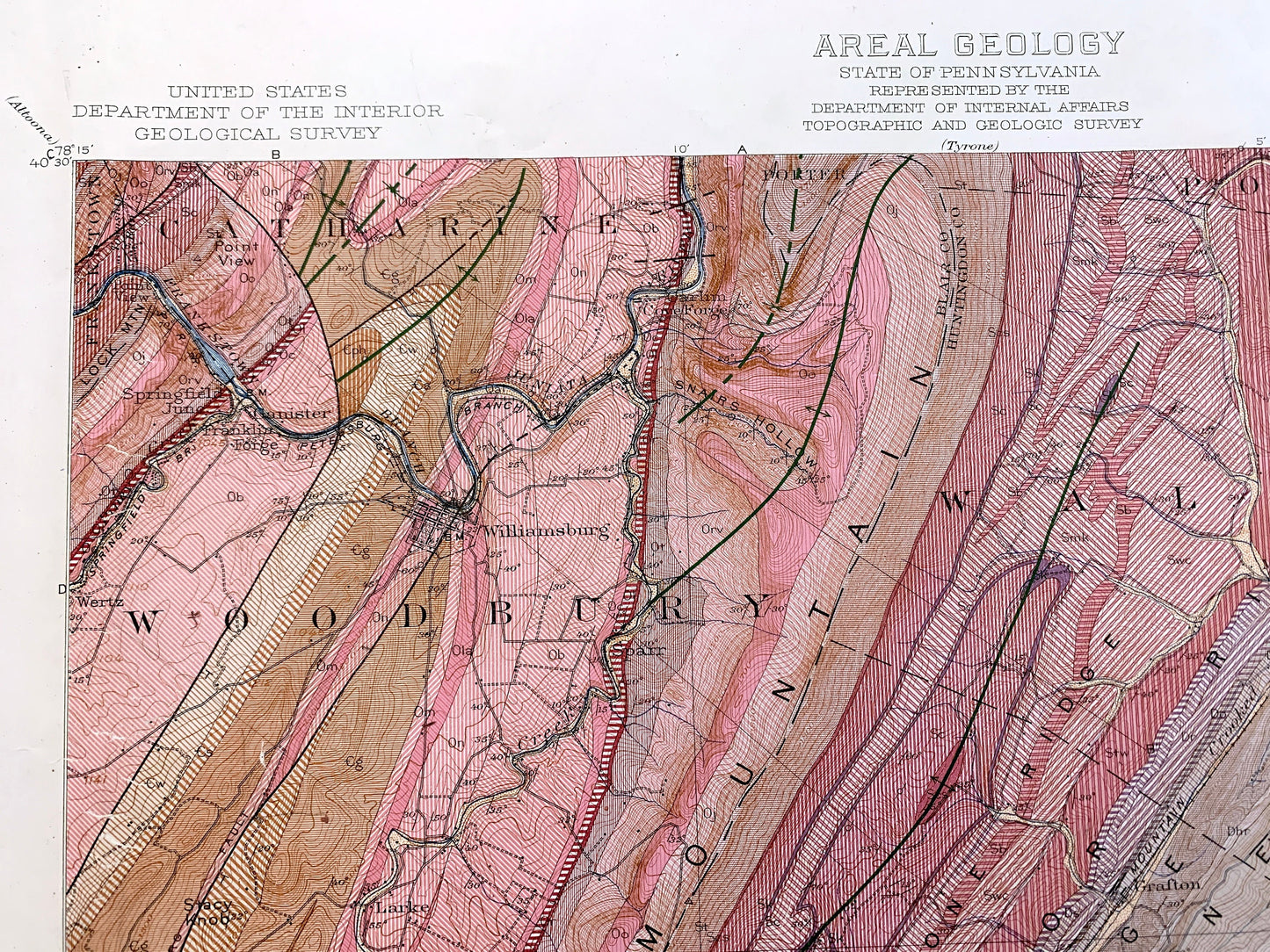 Antique Huntingdon, Pennsylvania 1945 US Geological Survey Topographic Map – Huntingdon County, Porter, Walker, Smithfield, Juniata, PA
