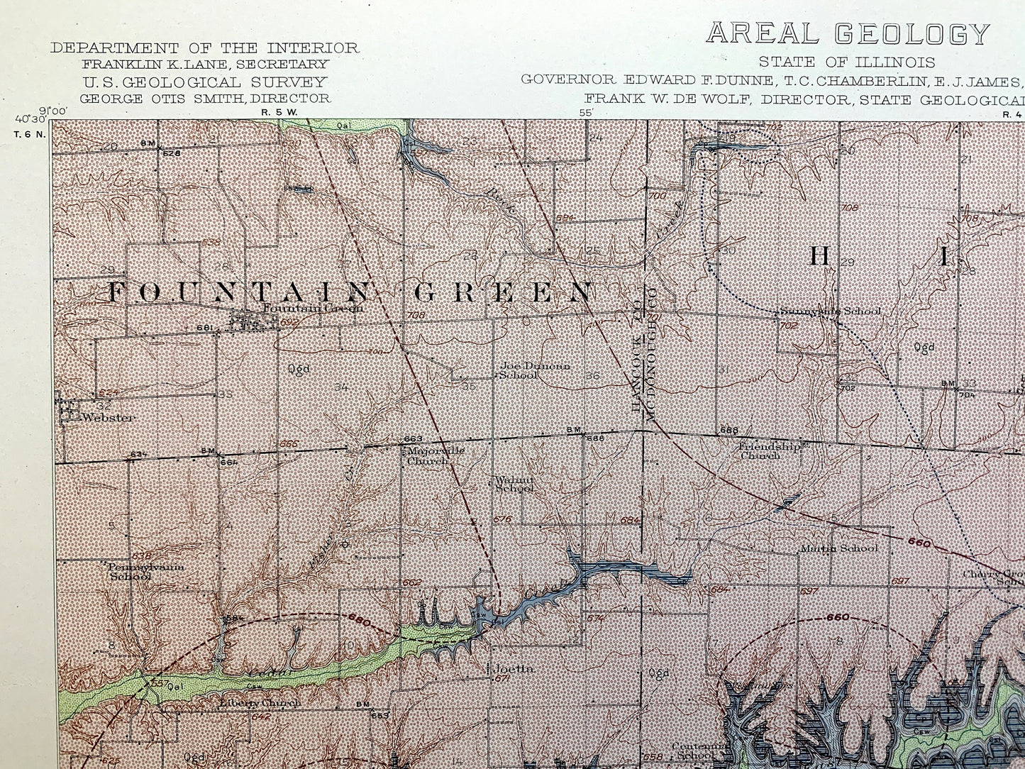 Antique Colchester, Illinois 1916 US Geological Survey Topographic Map –  Plymouth, Fountain Green, McDonough, Schuyler, Hancock County IL