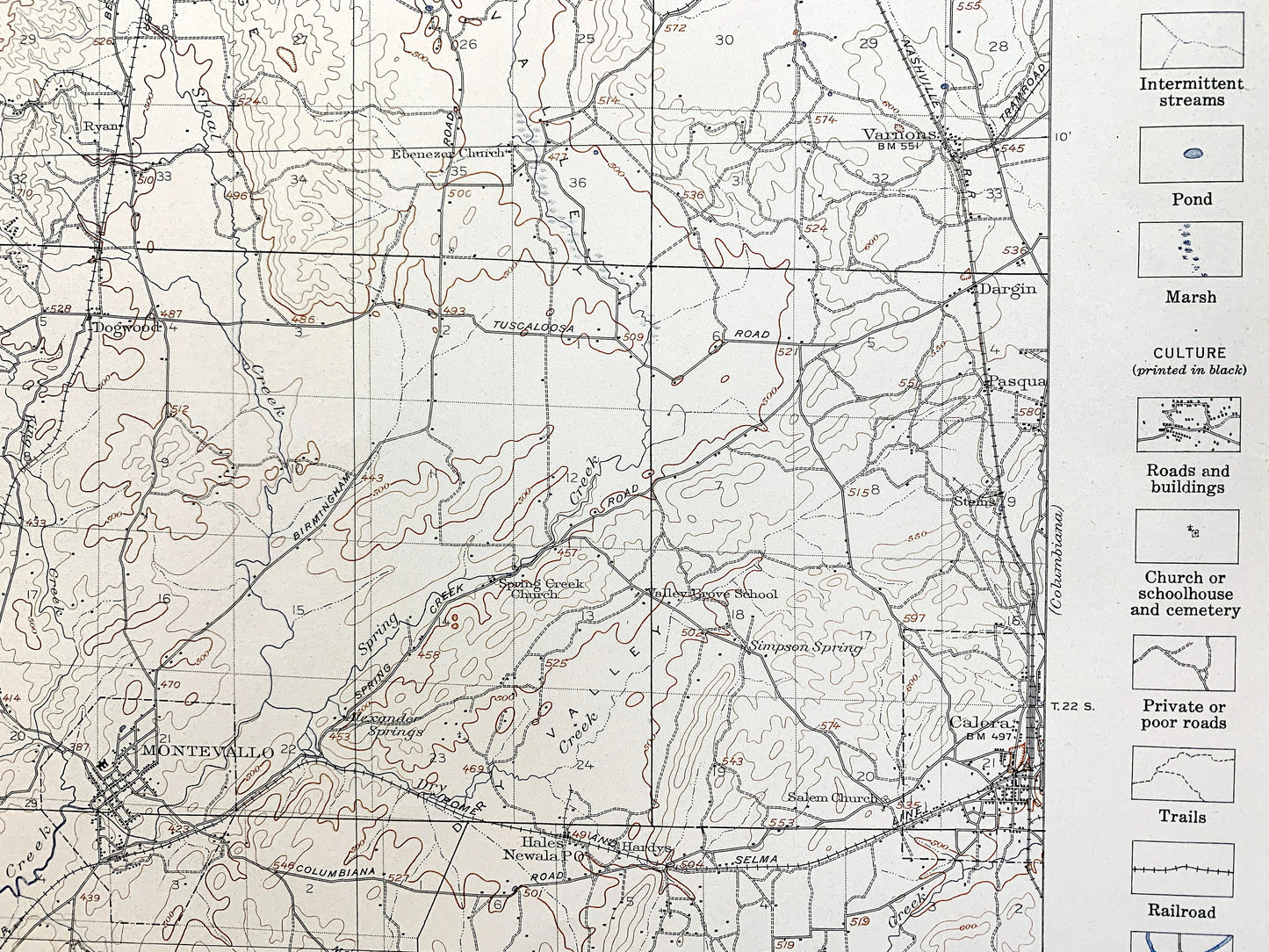 Antique Montevallo, Alabama 1940 US Geological Survey Topographic Map –  Calera, Aldrich, Cahaba River, Shelby, Bibb, Chilton County, AL
