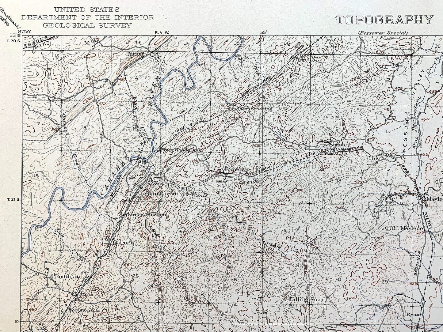 Antique Montevallo, Alabama 1940 US Geological Survey Topographic Map –  Calera, Aldrich, Cahaba River, Shelby, Bibb, Chilton County, AL