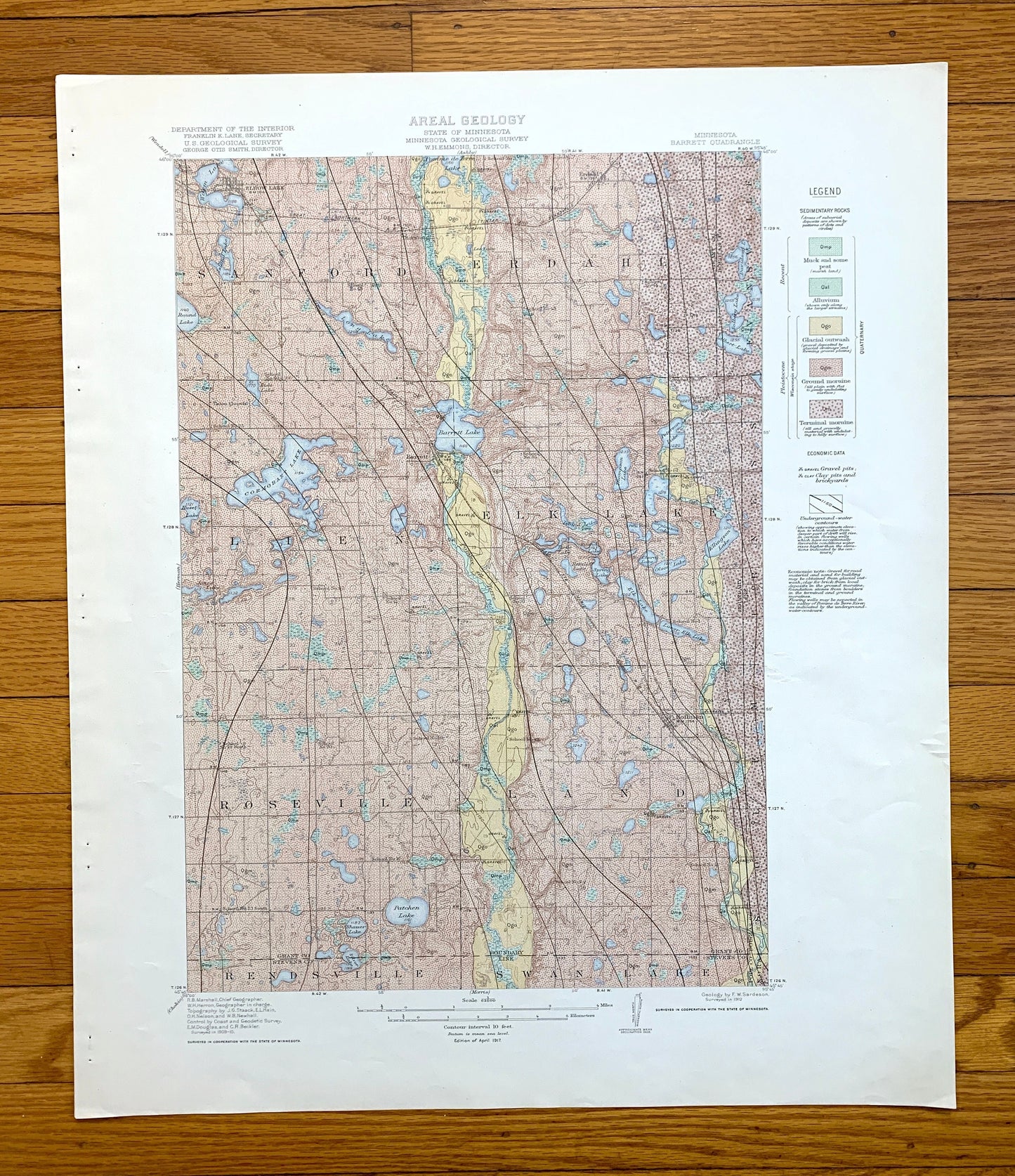 Antique Barrett, Minnesota 1912 US Geological Survey Topographic Map – Elbow Lake, Sanford, Swan Lake, Douglas, Grant, Stevens County, MN