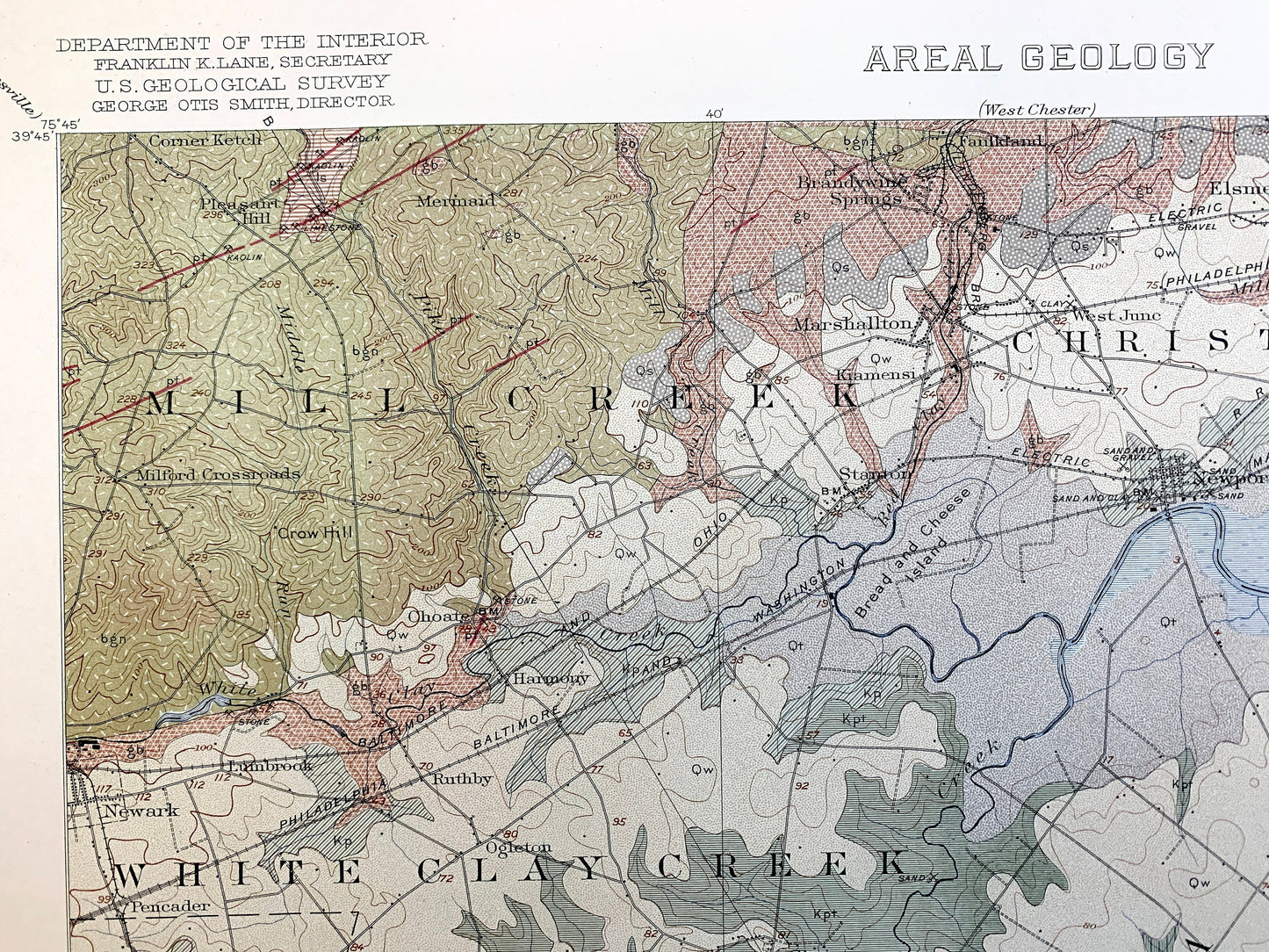 Antique Wilmington, Delaware 1920 US Geological Survey Topographic Map – Newcastle County, Delaware City, Christiana, Brandywine, Newport DE
