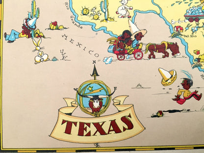 Antique 1935 Texas State Map from Our Gay Geography by Ruth Taylor – Houston, San Antonio, Dallas, Austin, Fort Worth, El Paso, Arlington TX