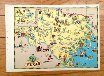 Antique 1935 Texas State Map from Our Gay Geography by Ruth Taylor – Houston, San Antonio, Dallas, Austin, Fort Worth, El Paso, Arlington TX