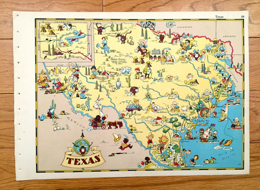 Antique 1935 Texas State Map from Our Gay Geography by Ruth Taylor – Houston, San Antonio, Dallas, Austin, Fort Worth, El Paso, Arlington TX