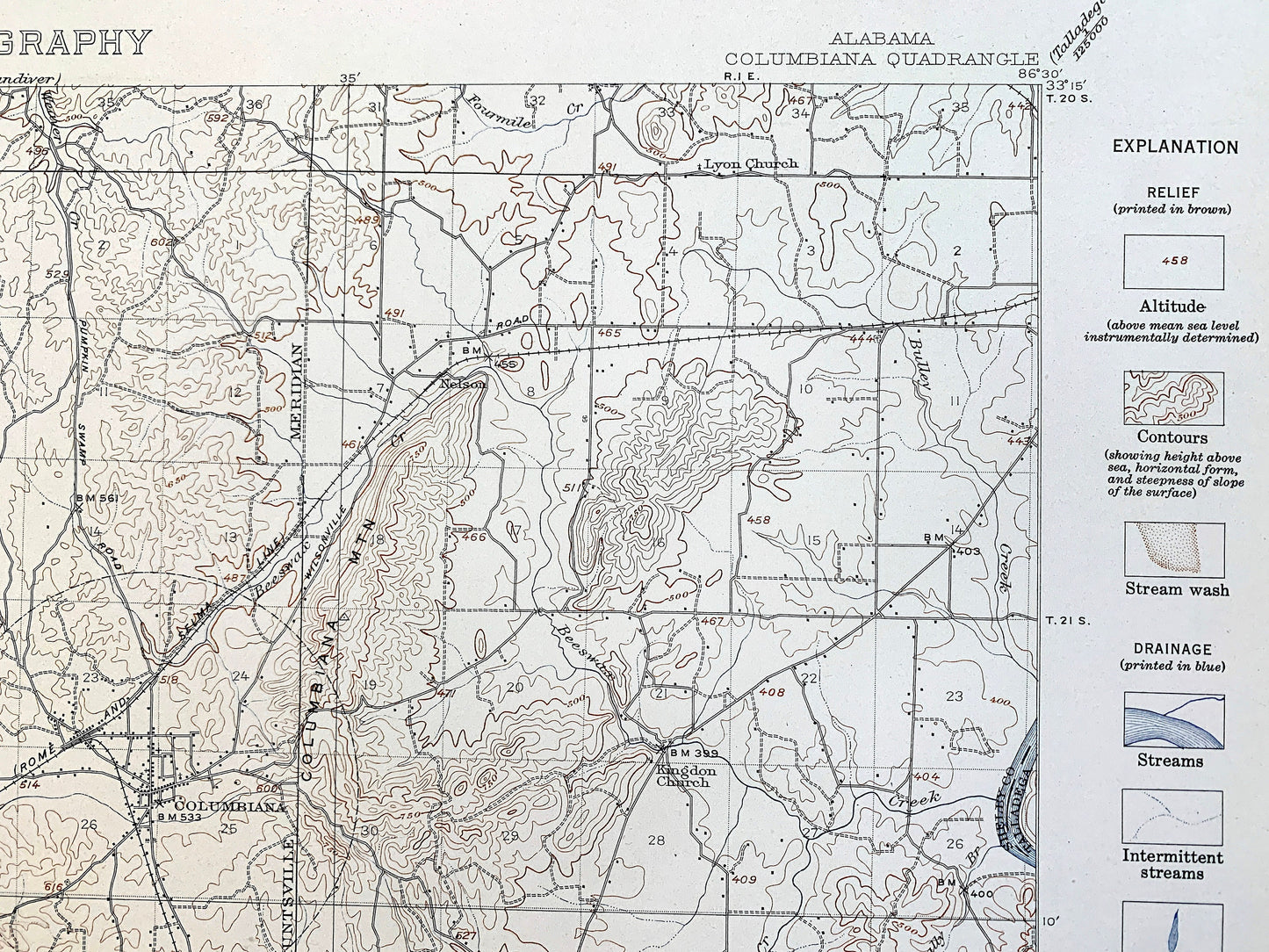 Antique Columbiana, Alabama 1940 US Geological Survey Topographic Map – Huntsville, Meridian, Coosa River, Shelby, Coosa, Chilton County, AL