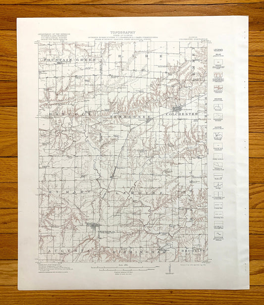 Antique Colchester, Illinois 1913 US Geological Survey Topographic Map –  Plymouth, Fountain Green, McDonough, Schuyler, Hancock County IL