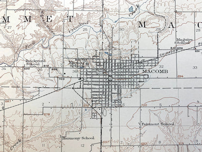 Antique Macomb, Illinois 1914 US Geological Survey Topographic Map – McDonough, Schuyler County, Bethel, Industry, Emmet, Mound, Bardolph IL
