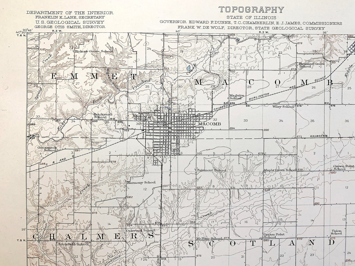 Antique Macomb, Illinois 1914 US Geological Survey Topographic Map – McDonough, Schuyler County, Bethel, Industry, Emmet, Mound, Bardolph IL