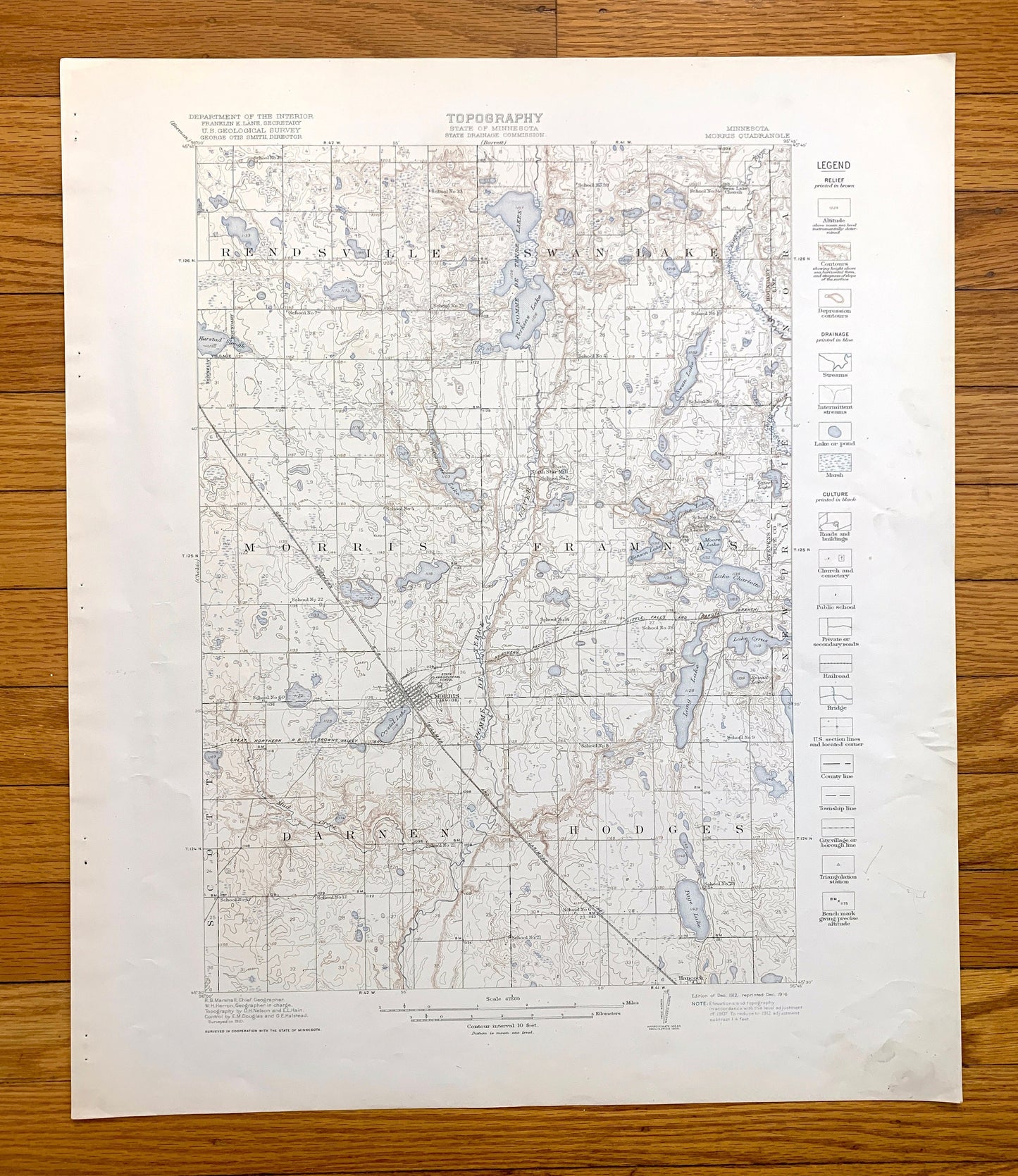 Antique Morris, Minnesota 1912 US Geological Survey Topographic Map – Darren, Hodges, Framnas, Rendsville, Pope County, Stevens County, MN