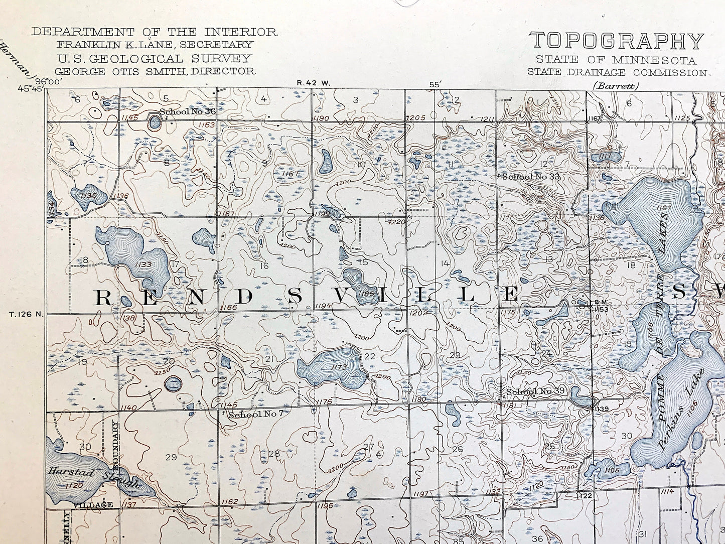 Antique Morris, Minnesota 1912 US Geological Survey Topographic Map – Darren, Hodges, Framnas, Rendsville, Pope County, Stevens County, MN