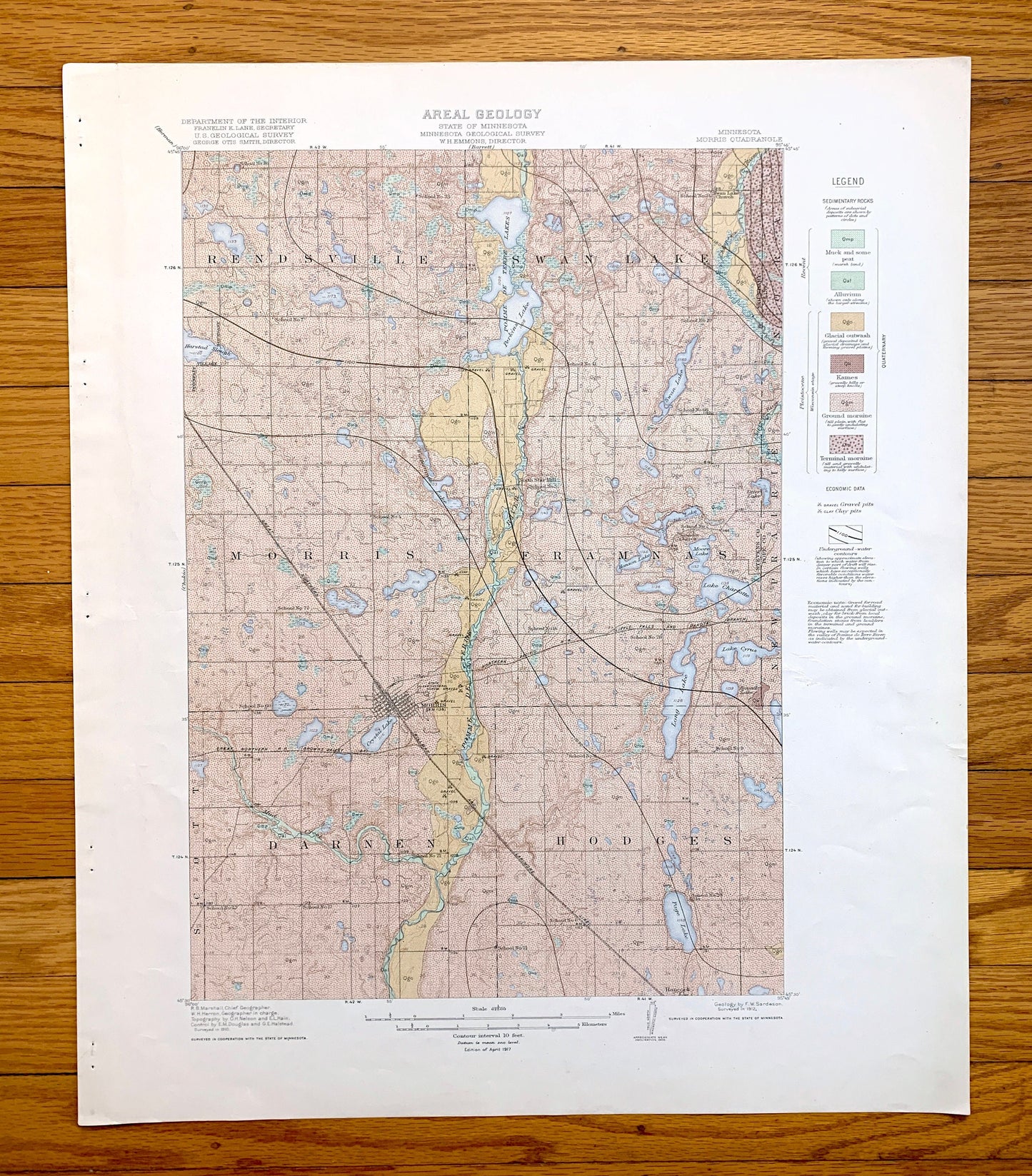 Antique Morris, Minnesota 1917 US Geological Survey Topographic Map – Darren, Hodges, Framnas, Rendsville, Pope County, Stevens County, MN