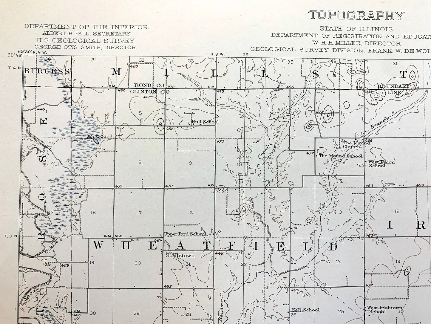 Antique Carlyle, Illinois 1910 US Geological Survey Topographic Map – Kaskaskia River, Lake, Wade, Huey, Washington, Clinton, Bond County IL