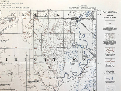 Antique Carlyle, Illinois 1910 US Geological Survey Topographic Map – Kaskaskia River, Lake, Wade, Huey, Washington, Clinton, Bond County IL