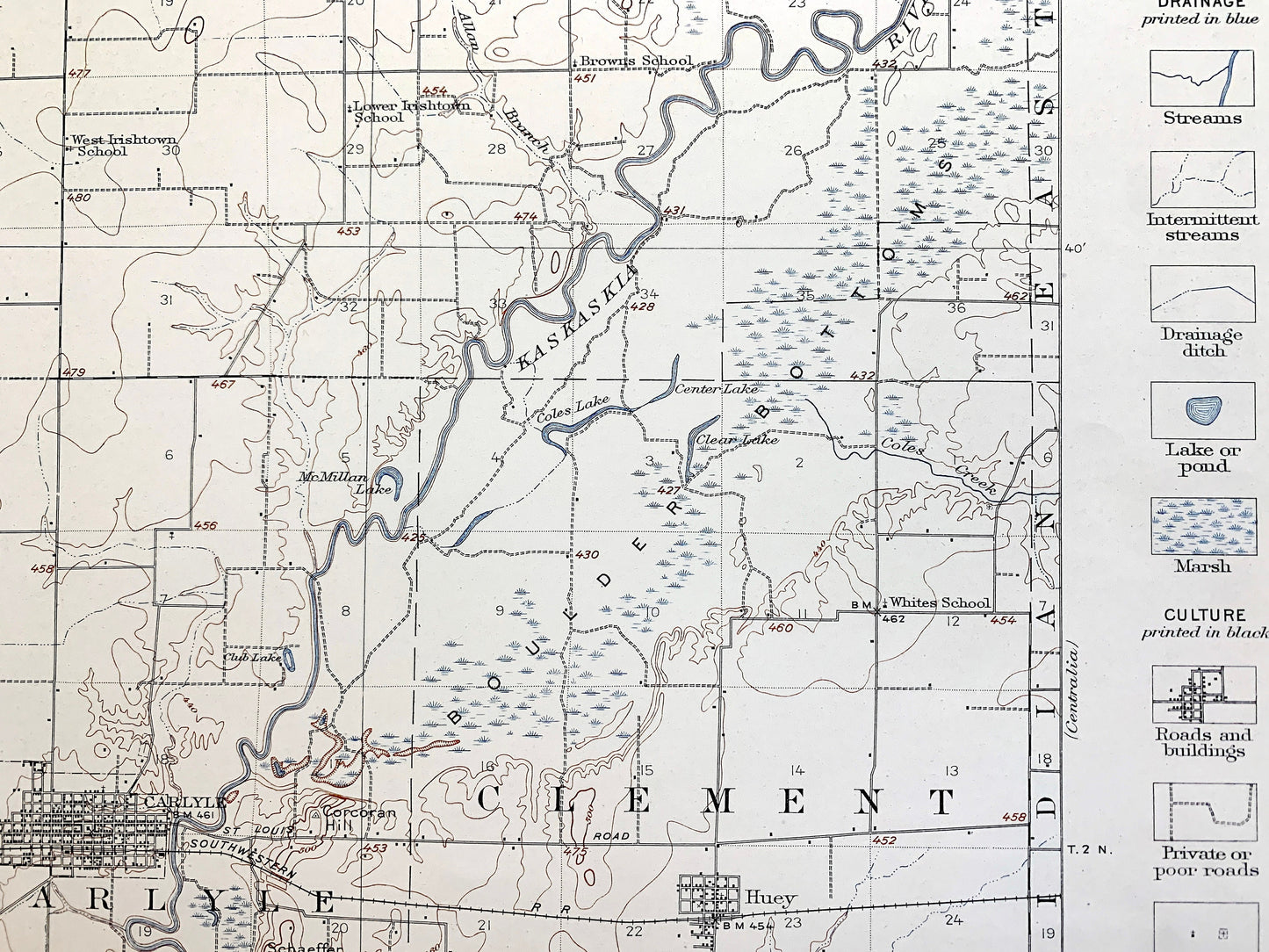 Antique Carlyle, Illinois 1910 US Geological Survey Topographic Map – Kaskaskia River, Lake, Wade, Huey, Washington, Clinton, Bond County IL