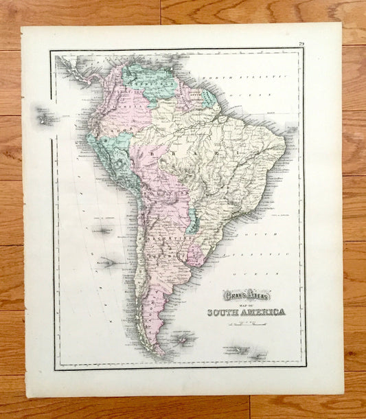 Antique 1874 North America and South America Map from O.W. Gray's Atlas of United States of America; Stedman, Brown & Lyon – USA, Brazil