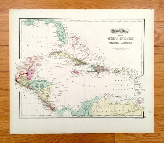 Antique 1874 West Indies and Central America / Mexico Map from OW Gray's Atlas of United States of America; Stedman, Brown, Lyon – Caribbean