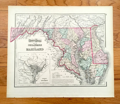 Antique 1874 New Jersey / Maryland and Delaware State Map from O.W. Gray's Atlas of United States of America; Stedman, Brown & Lyon — DC