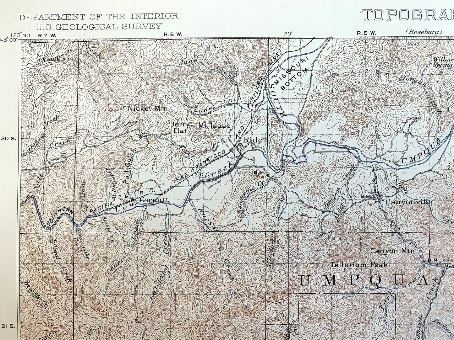 Antique Riddle, Oregon 1904 US Geological Survey Topographic Map – Douglas County, Winona, Merlin, Greenback, Perdue, Hugo, Forest Queen OR