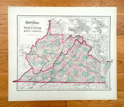 Antique 1874 North Carolina / Virginia and West Virginia State Map from O.W. Gray's Atlas of United States of America; Stedman, Brown & Lyon