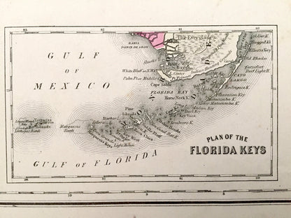 Antique 1874 Florida / Alabama State Map from O.W. Gray's Atlas of United States of America; Stedman, Brown & Lyon – Key West, Miami Beach